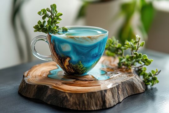 Handcrafted epoxy tea vine or coffee set My heart sank in Moe serdce zamerlo Resin artwork