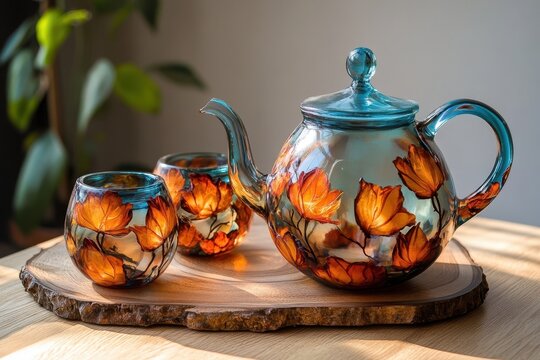 Handcrafted epoxy tea vine or coffee set The phrase Moe serdce zamerlo translates to My heart sank Resin artwork