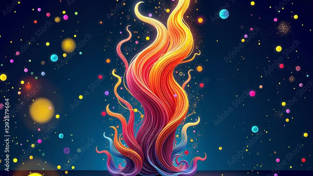 Poster A colorful fire with many different colors. The fire is surrounded by many different colored balls. The balls are scattered all over the image
