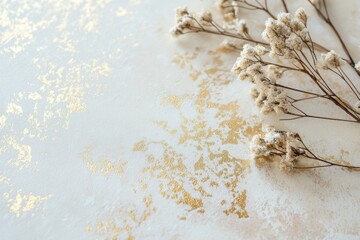 Golden Whispers: Delicate, dried flower branch with golden textured surface. Capture the peaceful atmosphere and minimalist aesthetic.