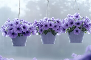 Fototapeta premium Hanging flower pots in greenhouse with lilac violet petunias selective focus