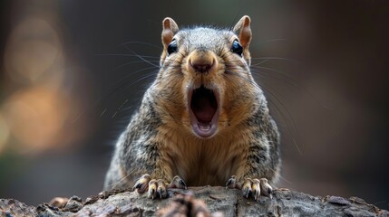 Obraz premium Close-up of a surprised squirrel with its mouth wide open, perched on a tree trunk.