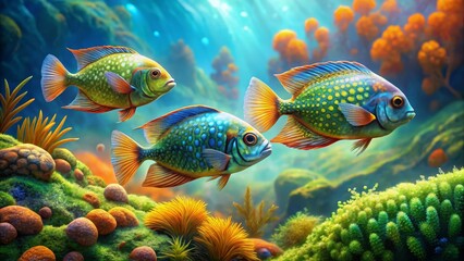 Naklejka premium Vibrant Reef Fish A Trio of Jewel-toned Aquatic Creatures Gracefully Navigating a Lush Underwater Paradise