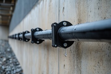 HDPE pipes collect rainwater from train tracks black tubing is mounted on a wall network and construction of polyethylene drainage pipes