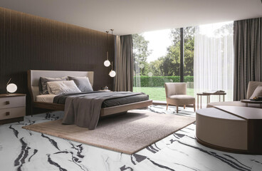 3D Render of Stylish Contemporary Bedroom with Marble Flooring, Large Windows, and Cozy Decor Elements