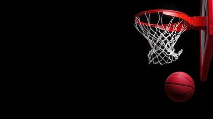 Basketball hoop, red rim, ball, dark background, sport