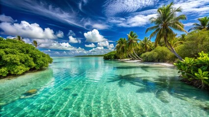 Tranquil Tropical Paradise with Clear Water and Lush Palm Trees