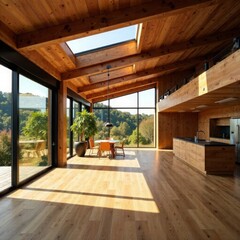 interior of an ecological building made of wood using solar panels