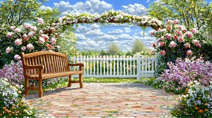 Peaceful Garden Scene with Wooden Bench and Rose Arch
