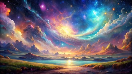 Mysterious landscape unfolding from a dreamy canvas, abstract art, cosmic,  abstract art, cosmic, landscape