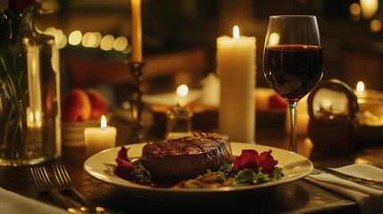 romantic candlelit dinner in a restaurant with red wine and gourmet steak