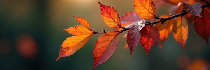 Close-up of a branch with several brown, red, and gold leaves , clip art, nature photography