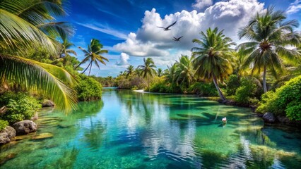 Obraz premium Tranquil Tropical River with Lush Palm Trees Under Blue Sky