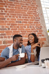 Laughing, morning and couple in coffee shop, love or funny conversation, woman or man with humor on...