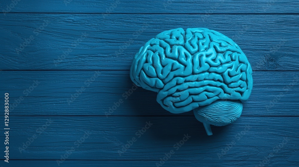 Poster blue brain model on wooden background showcasing intricate neural patterns and scientific representa