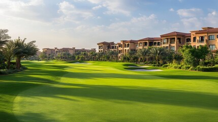 scenic golf course with lush fairways and a luxury resort in the background