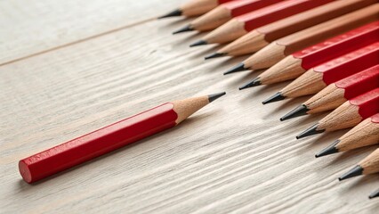 Unique Red Pencil Among Aligned Pencils on Wooden Surface.