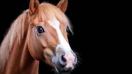 Chestnut pony portrait, black background, equine photography, website banner