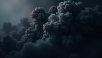 Dense black smoke billowing, dramatic backdrop, heavy, mysterious