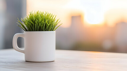 Sunset city view, desk plant, mug, office calm