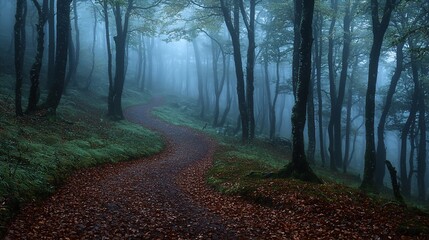 Obraz premium Misty forest path winding uphill.