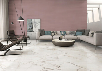 3D Render of Elegant Modern Living Room with Marble Flooring, Stylish Sofa, and Artistic Wall Accents