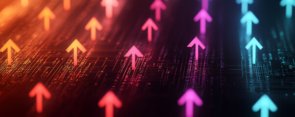 Fototapeta premium Vibrant digital arrows signaling growth and progress in a modern environment.