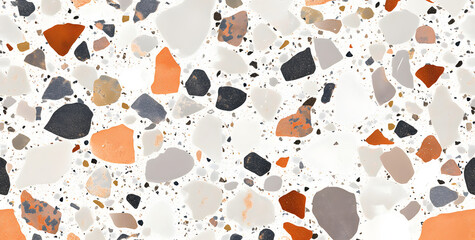 Abstract terrazzo design with orange, gray, and black stones on a white background.