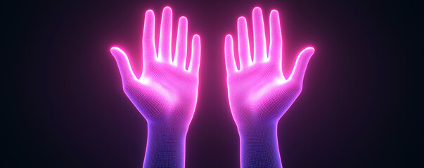 Obraz premium Vibrant hands glowing with neon light against a dark background.