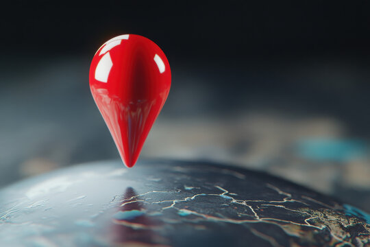 A sleek 3D red pointer hovering over a simplified globe, signifying pinpointing worldwide locations