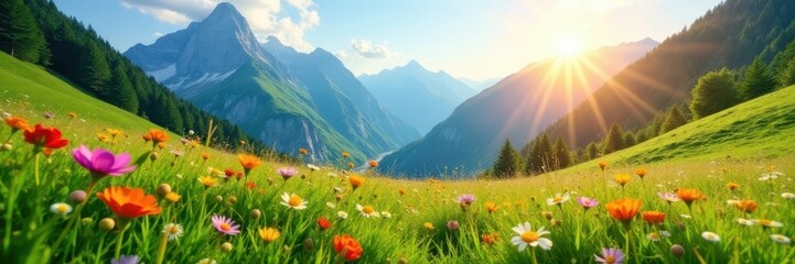 Lush green alpine meadow, wildflowers, summer sun, majestic mountains , vista, vibrant