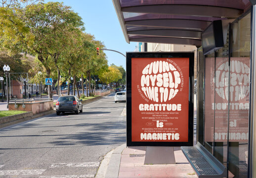 Urban Bus Stop Shelter with real glass reflection in Barcelona With Advertising Space