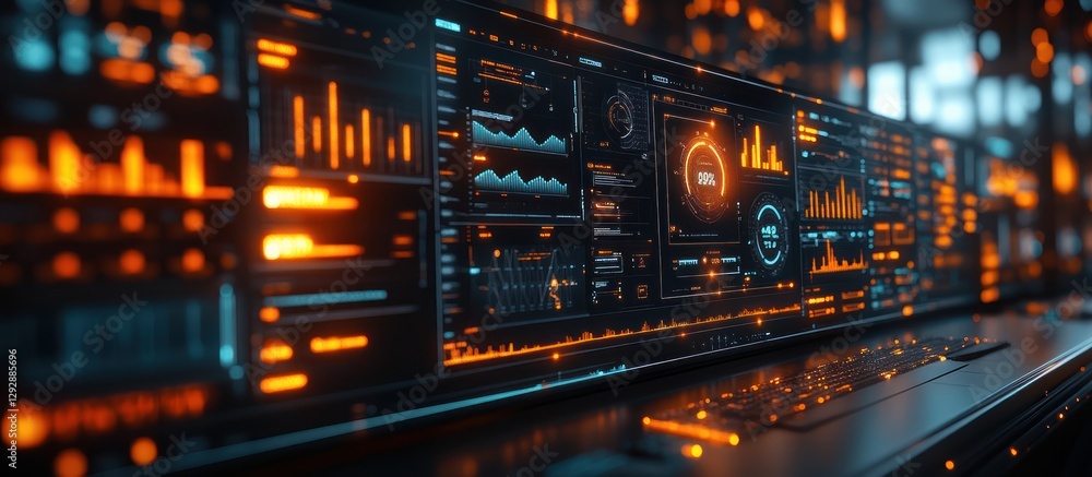 Poster futuristic digital dashboard displays graphs, charts, and data analytics on a large screen.