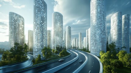Fototapeta premium Futuristic Urban Landscape Featuring Sleek, High-Rise Buildings Surrounded by Lush Greenery and a Curved Road in a Modern City Setting