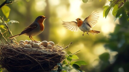 a young female bird flight for the first time with the male bird watches over the eggs in the nest
