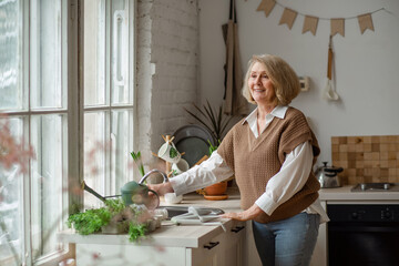 Elderly cute woman take care and plant potted plants in the house in the kitchen, do gardening in the spring and take care of nature for Earth Day.