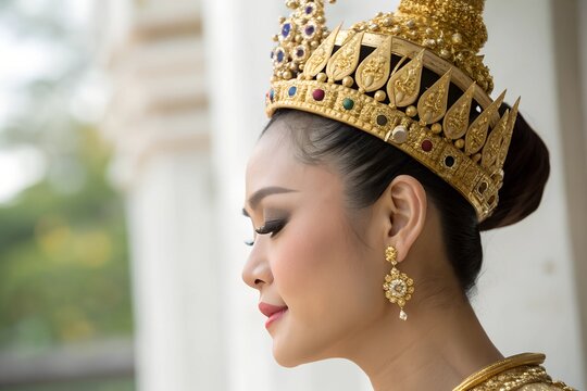 Minimalistic photo of a woman in a Thai chada crown, extreme close-up highlighting the golden ornaments and her poised, elegant expression, softly blurred background.