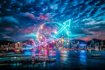 Hong Kong cityscape at night, a concept of business growth.  A vibrant urban scene symbolizing growing up and future success in a thriving city.