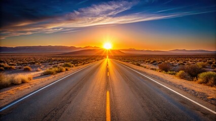 Fototapeta premium Desert Road at Sunset with Clear Sky , calm, empty, calm, empty, landscape, tranquil, rugged, clear, horizon, earthy, natural