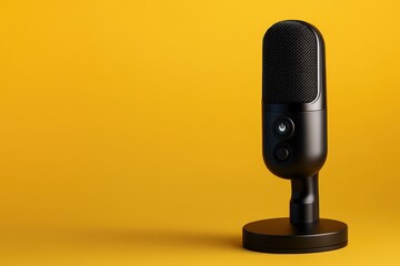 Isolated pro mic on yellow backdrop ideal for podcast or website banner with space for text