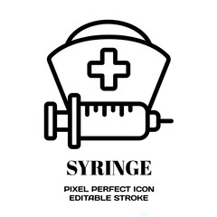 Obraz premium Syringe symbol, featuring an editable stroke outline icon isolated on white background flat vector illustration. Pixel perfect
