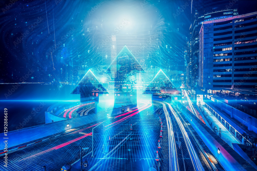 Poster Futuristic Hong Kong at night with glowing arrows pointing upwards.  Symbolizing business growth concept and technological advancement.