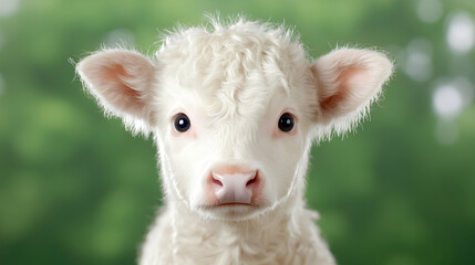 Fototapeta premium Cute white calf in green pasture, spring