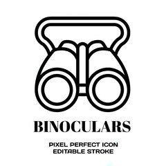 Binoculars symbol, featuring an editable stroke outline icon isolated on white background flat vector illustration. Pixel perfect