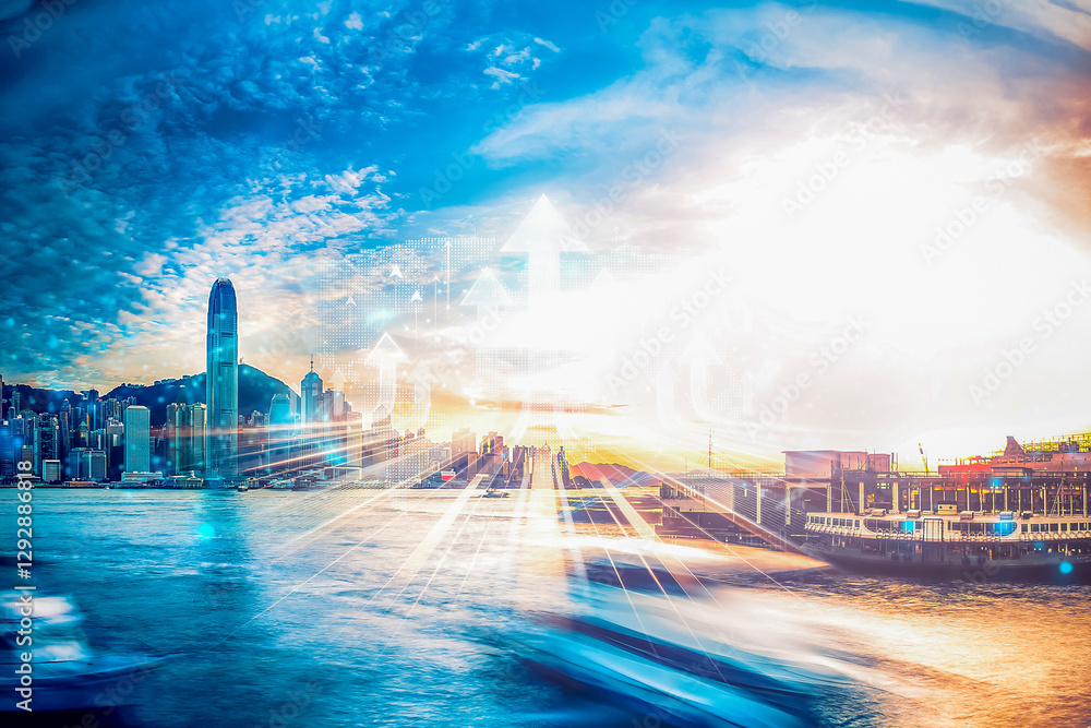 Poster hong kong cityscape with upward arrows represents business growth concept. a vibrant urban scene sym