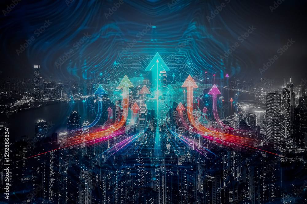 Aufkleber hong kong at night glows with digital arrows pointing up, symbolizing business growth and conceptual