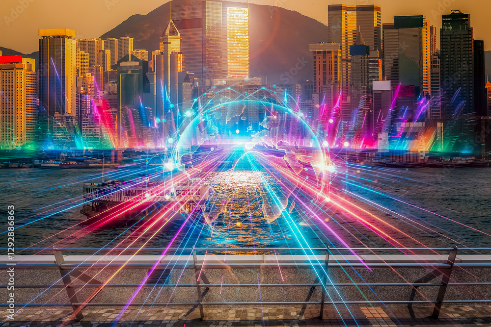 Poster a conceptual hong kong cityscape glows with neon lights, symbolizing business growth and development