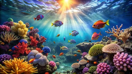 Obraz premium Colorful Coral Reef Underwater Scene with Vibrant Marine Life