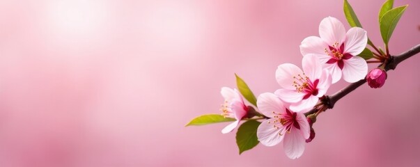 Obraz premium Soft pink backdrop, blooming cherry blossoms and fresh green leaves , background, pastel