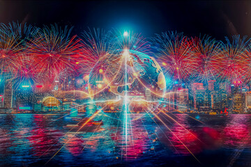 Hong Kong's vibrant cityscape bursts with fireworks. A conceptual globe and light trails illustrate business growth and growing up in the bustling city.